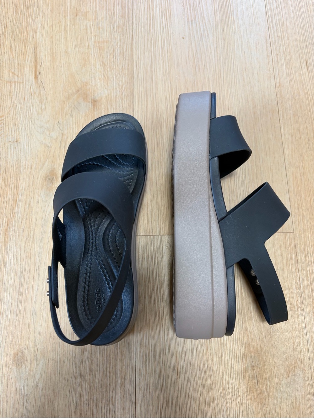 CROCS Brooklyn Low Wedge Sandals in Black with Tan Platform Sole